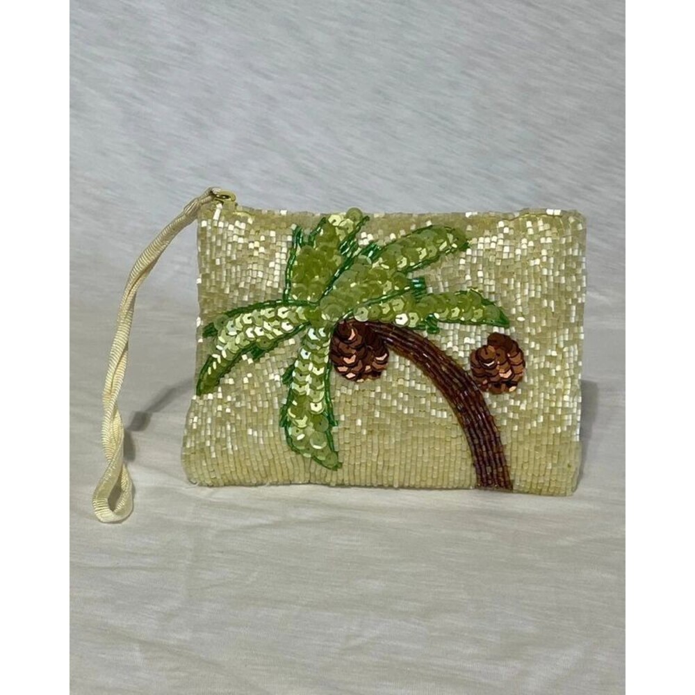 Liz Claiborne Ivory Beaded Sequin Palm Tree Wristlet Clutch Tropical Bag